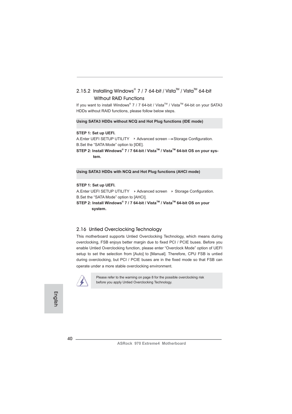 16 untied overclocking technology, 2 installing windows, 7 / 7 64-bit / vista | Vista, Bit without raid functions, English | ASRock 970 Extreme4 User Manual | Page 40 / 283