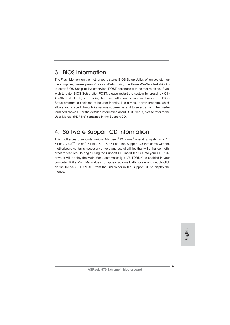 Bios information, Software support cd information, English | ASRock 970 Extreme4 User Manual | Page 41 / 283