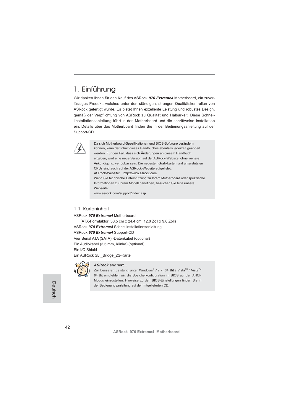 German, Einführung, 1 kartoninhalt | Deutsch | ASRock 970 Extreme4 User Manual | Page 42 / 283