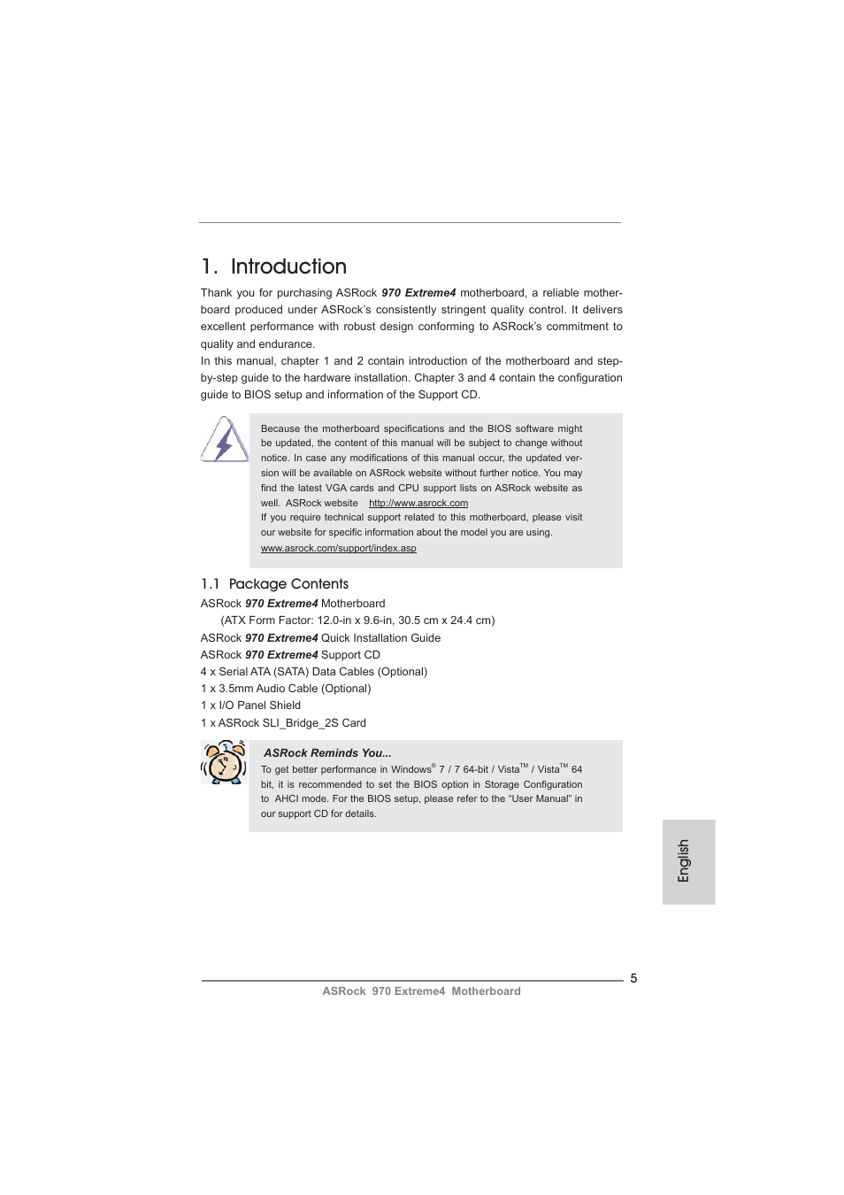 Introduction, English, 1 package contents | ASRock 970 Extreme4 User Manual | Page 5 / 283