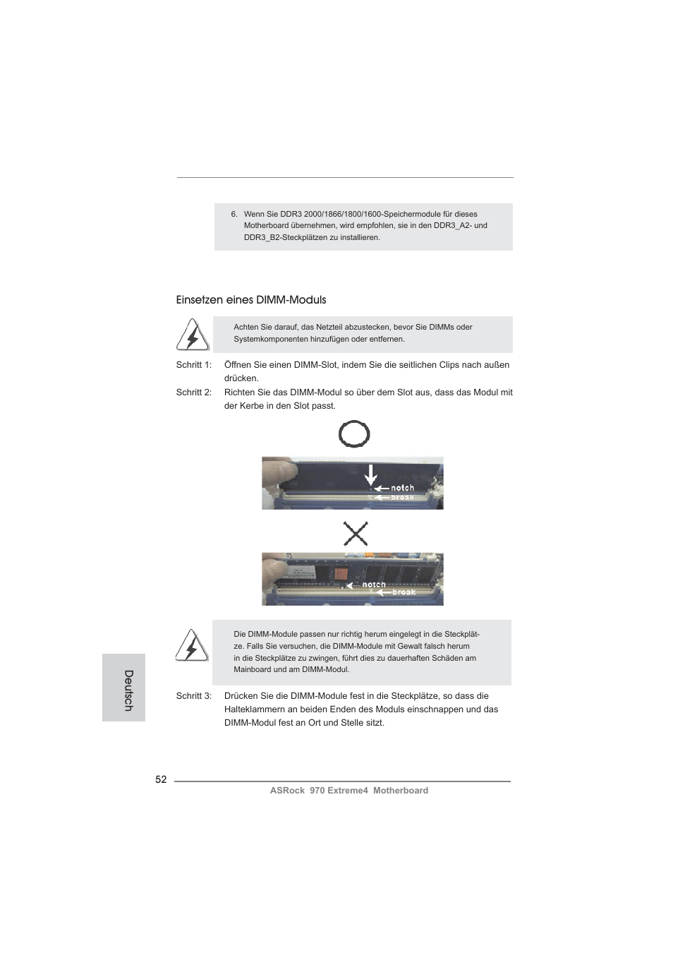 Deutsch einsetzen eines dimm-moduls | ASRock 970 Extreme4 User Manual | Page 52 / 283