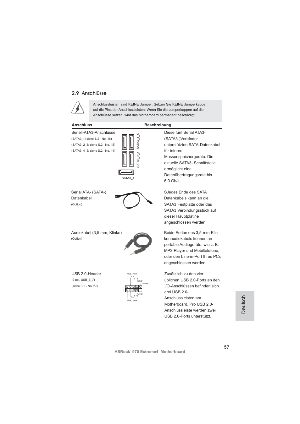 Deutsch 2.9 anschlüsse | ASRock 970 Extreme4 User Manual | Page 57 / 283