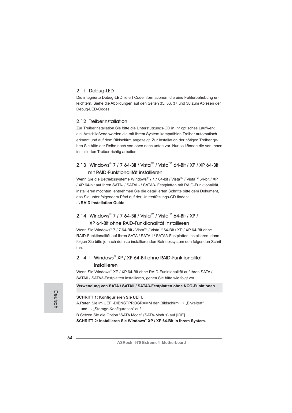 14 windows, 7 / 7 64-bit / vista, Vista | 12 treiberinstallation, 1 windows, 13 windows, 11 debug-led, Deutsch | ASRock 970 Extreme4 User Manual | Page 64 / 283