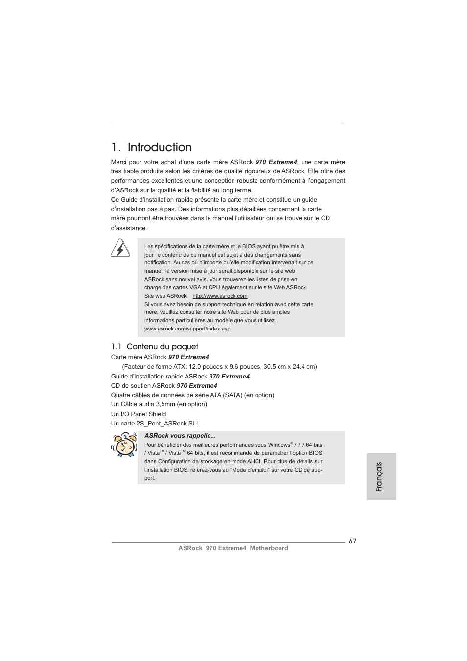 French, Introduction, 1 contenu du paquet | Français | ASRock 970 Extreme4 User Manual | Page 67 / 283