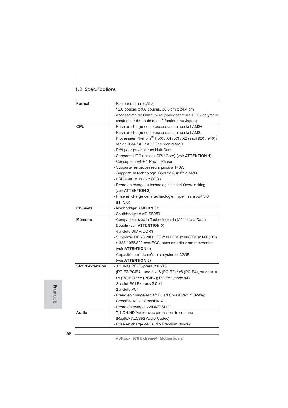 Français 1.2 spécifications | ASRock 970 Extreme4 User Manual | Page 68 / 283