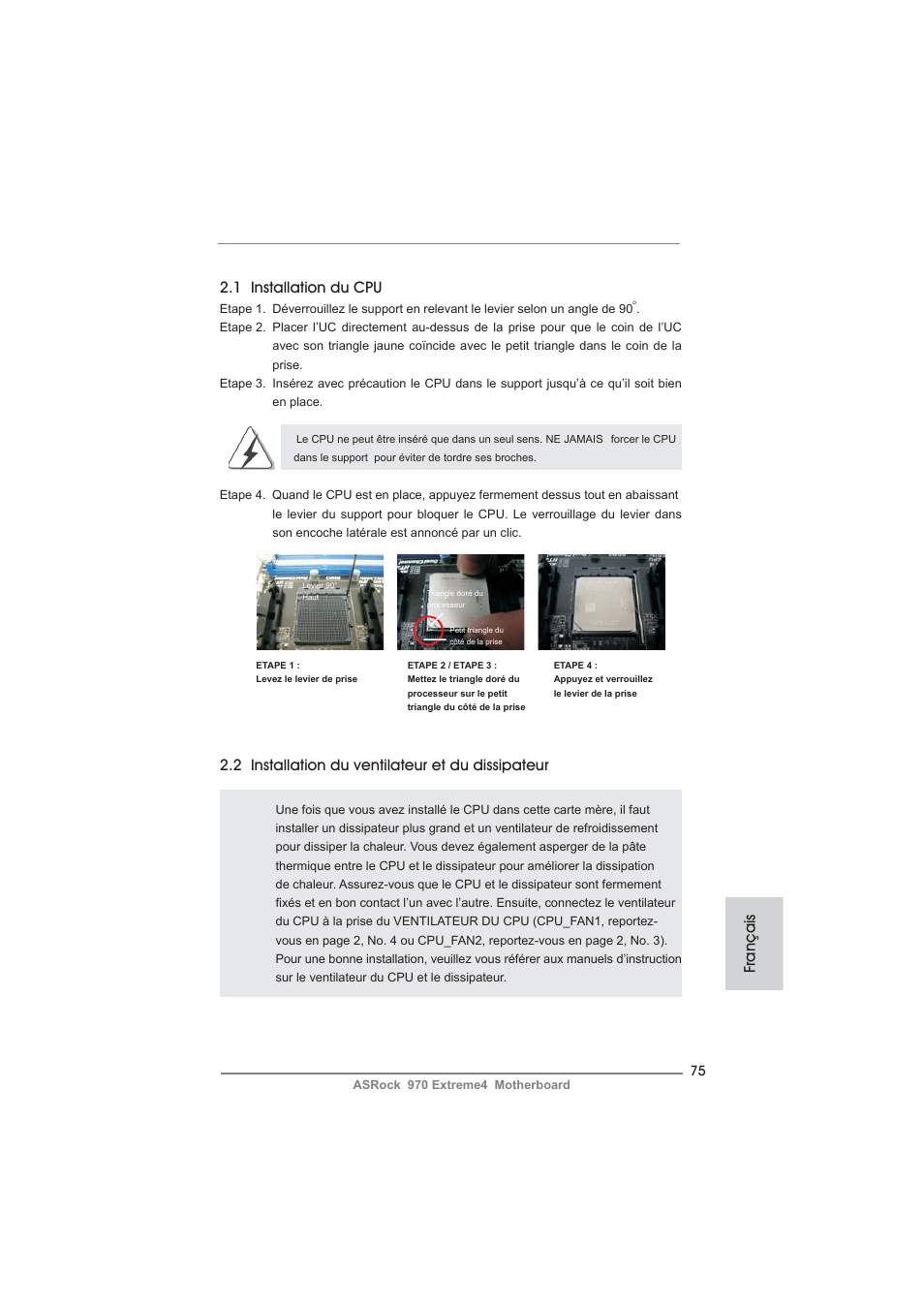1 installation du cpu, 2 installation du ventilateur et du dissipateur, Français | ASRock 970 Extreme4 User Manual | Page 75 / 283