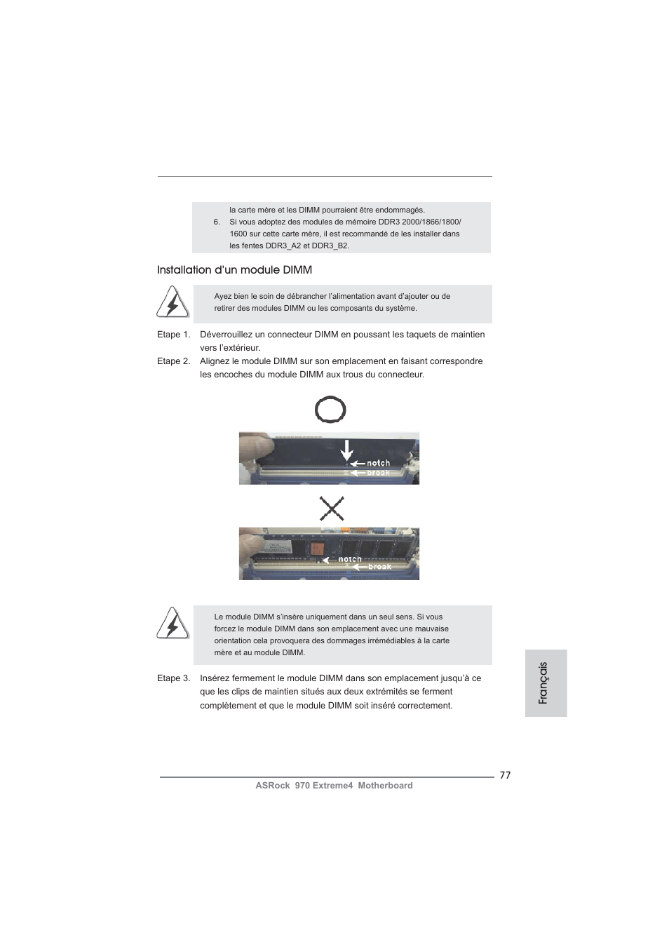 Installation d’un module dimm, Français | ASRock 970 Extreme4 User Manual | Page 77 / 283