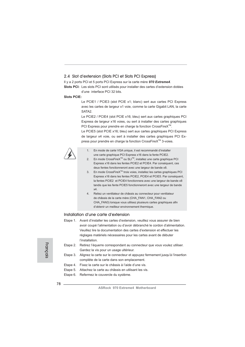 Installation d’une carte d’extension, Français | ASRock 970 Extreme4 User Manual | Page 78 / 283