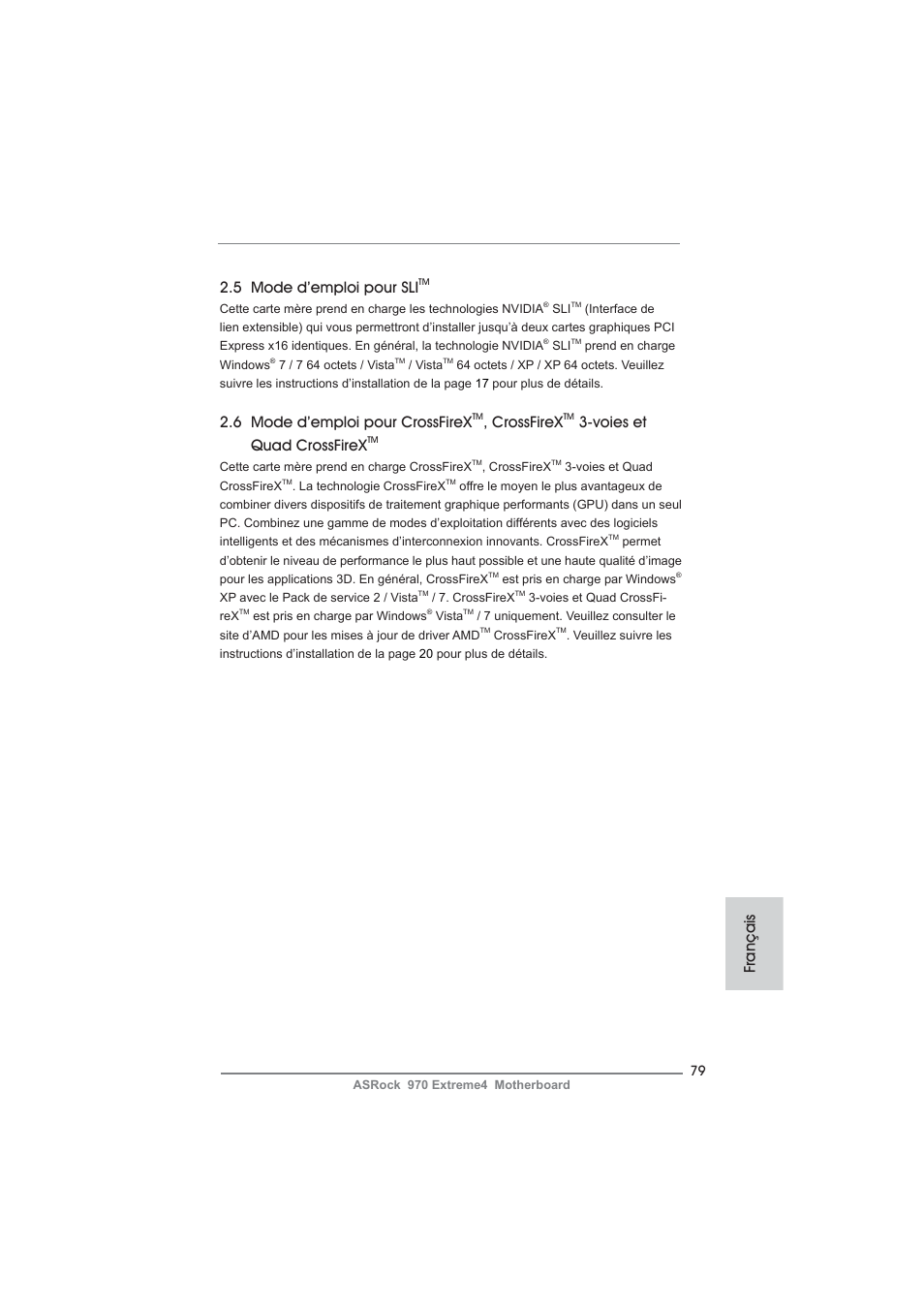 5 mode d’emploi pour sli, 6 mode d’emploi pour crossfirex, Crossfirex | Voies et quad crossfirex, Français | ASRock 970 Extreme4 User Manual | Page 79 / 283