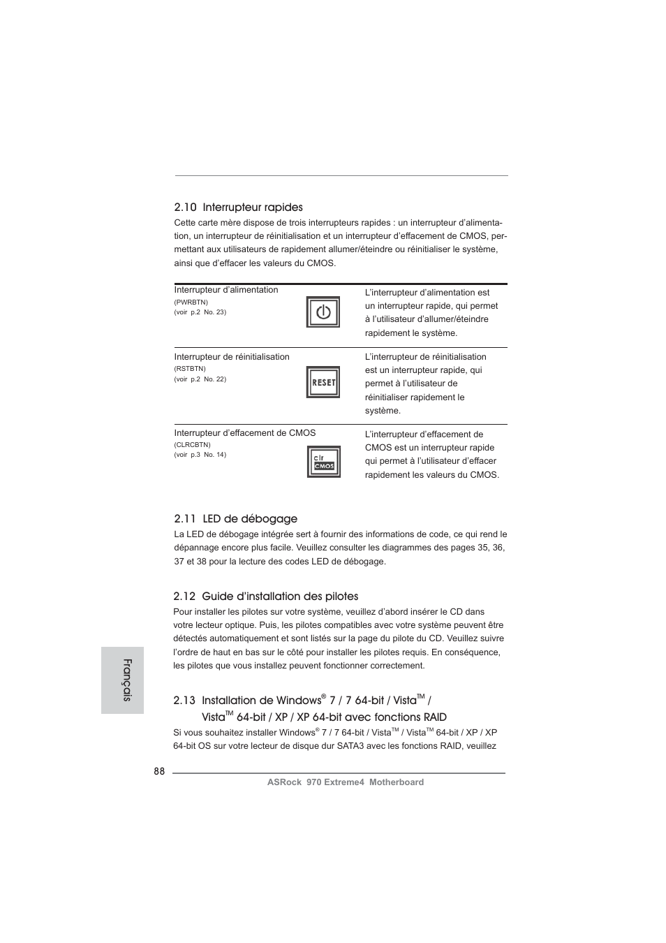 10 interrupteur rapides, 11 led de débogage, 12 guide d’installation des pilotes | 13 installation de windows, 7 / 7 64-bit / vista, Vista, Bit / xp / xp 64-bit avec fonctions raid, Français | ASRock 970 Extreme4 User Manual | Page 88 / 283