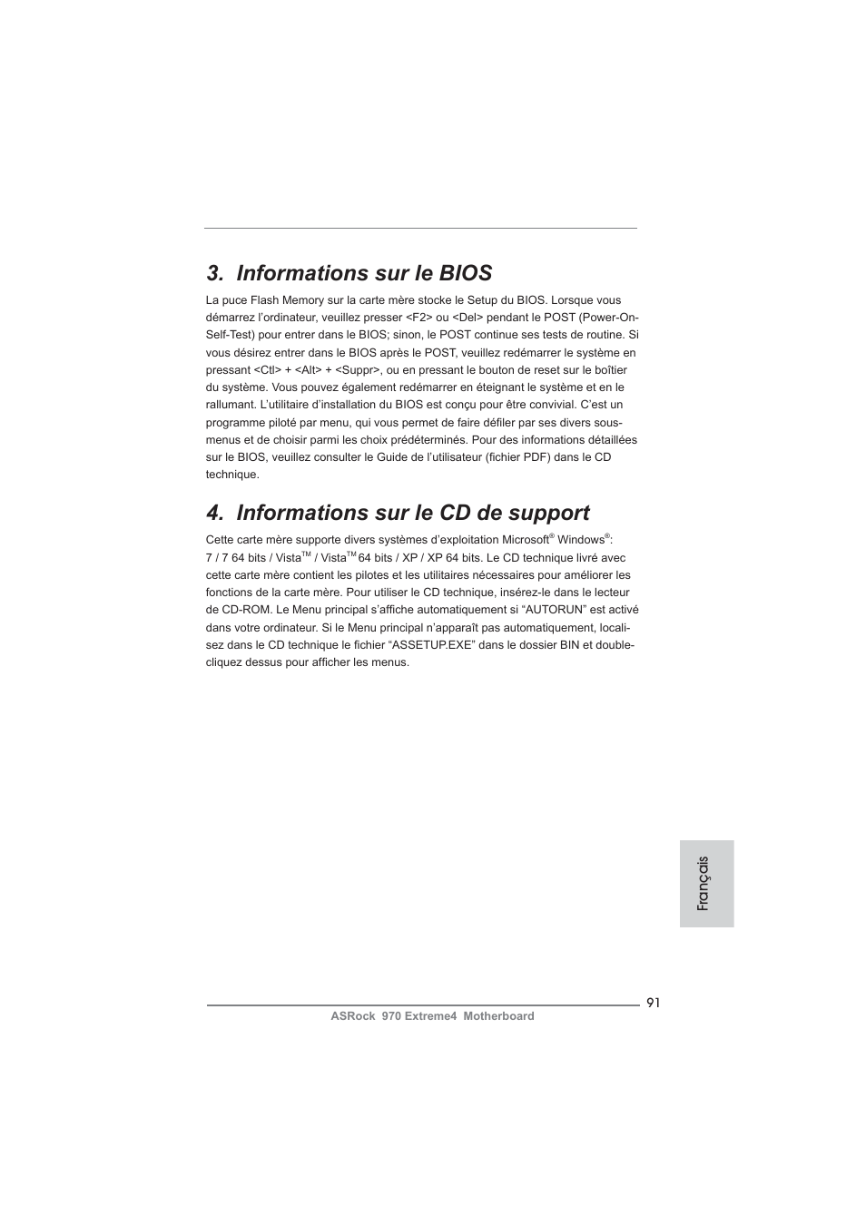 Informations sur le bios, Informations sur le cd de support | ASRock 970 Extreme4 User Manual | Page 91 / 283