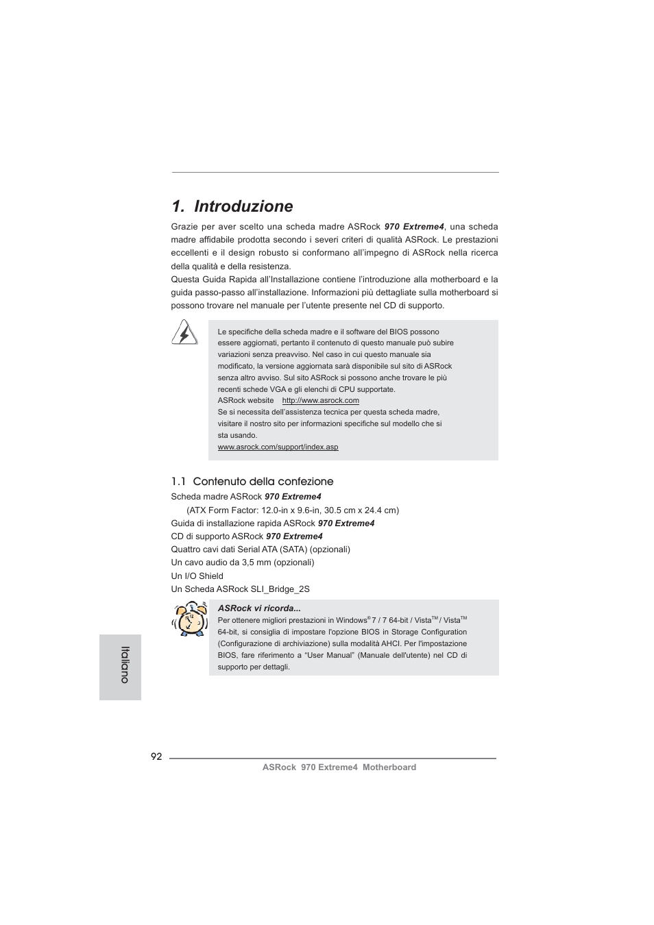 Italian, Introduzione, 1 contenuto della confezione | Italiano | ASRock 970 Extreme4 User Manual | Page 92 / 283