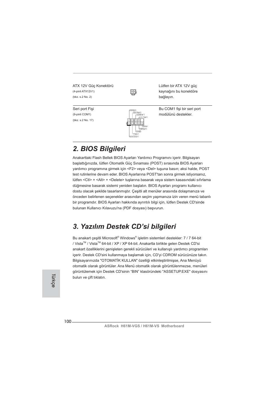 Bios bilgileri, Yazılım destek cd’si bilgileri, Türkçe | ASRock H61M-VS User Manual | Page 100 / 144