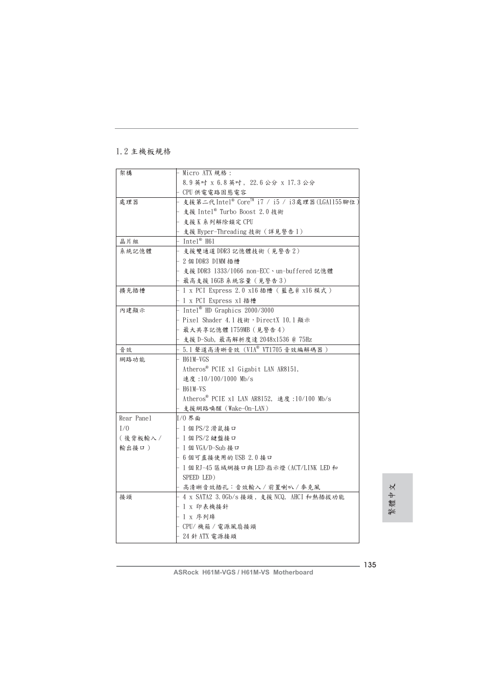 繁體中文 1.2 主機板規格 | ASRock H61M-VS User Manual | Page 135 / 144