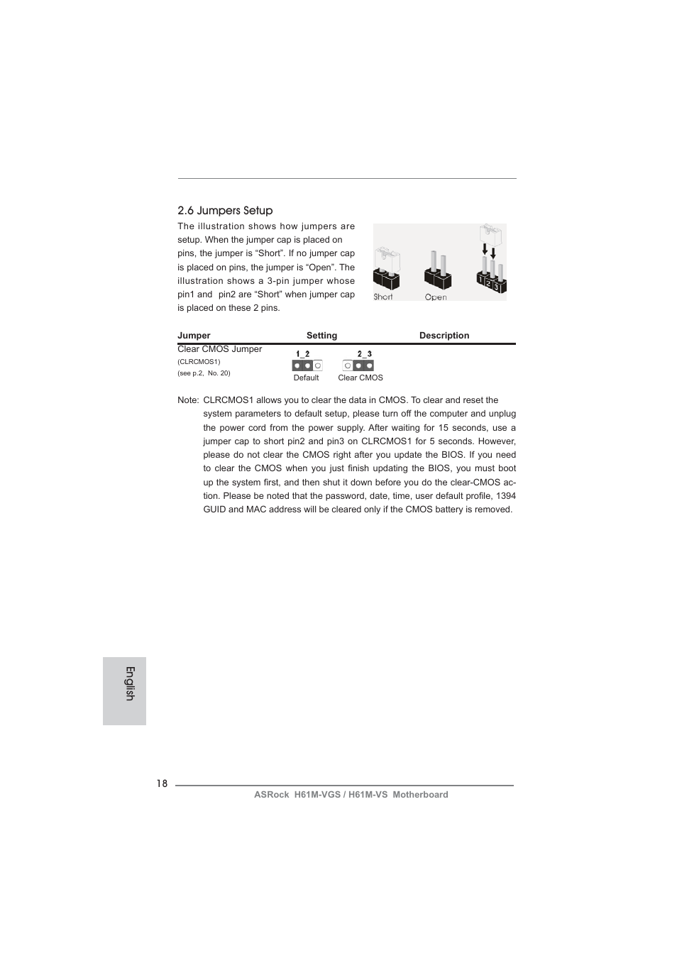 6 jumpers setup, English | ASRock H61M-VS User Manual | Page 18 / 144