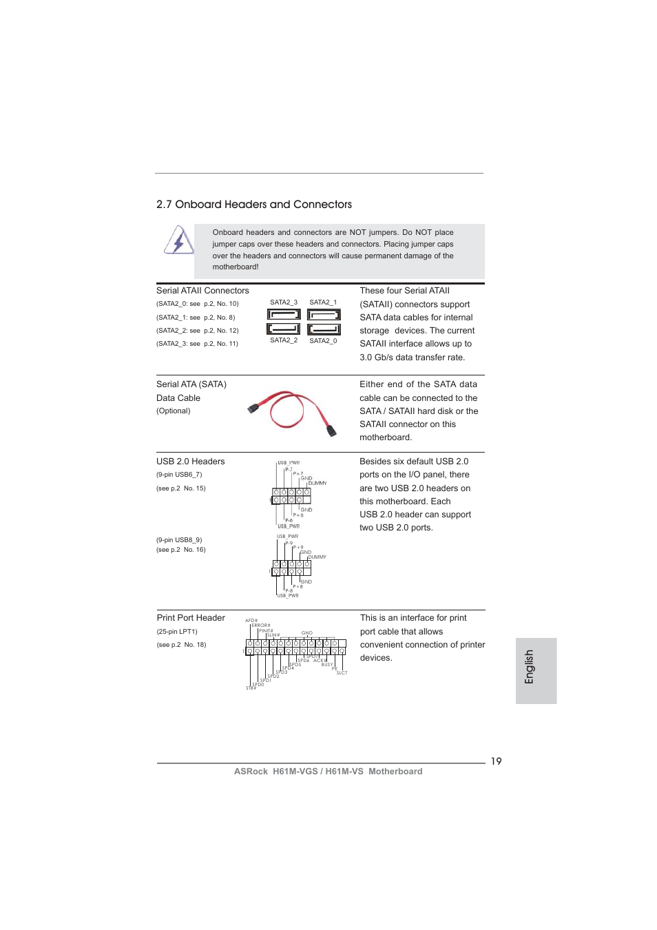 English 2.7 onboard headers and connectors | ASRock H61M-VS User Manual | Page 19 / 144