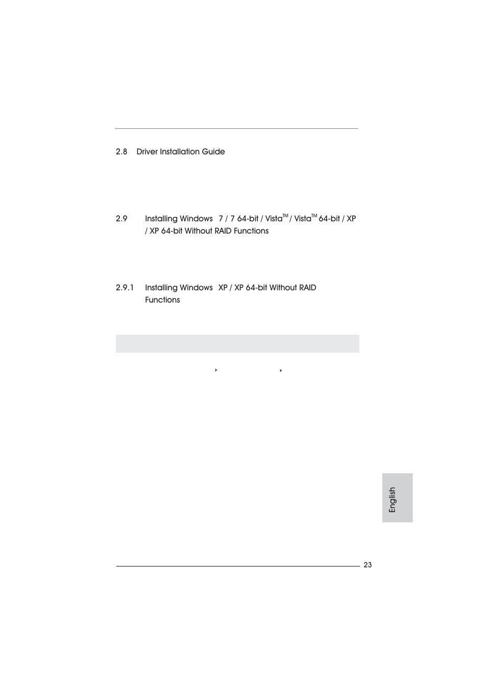 English 2.8 driver installation guide, 9 installing windows, 7 / 7 64-bit / vista | Vista, Bit / xp / xp 64-bit without raid functions, 1 installing windows, Xp / xp 64-bit without raid functions | ASRock H61M-VS User Manual | Page 23 / 144