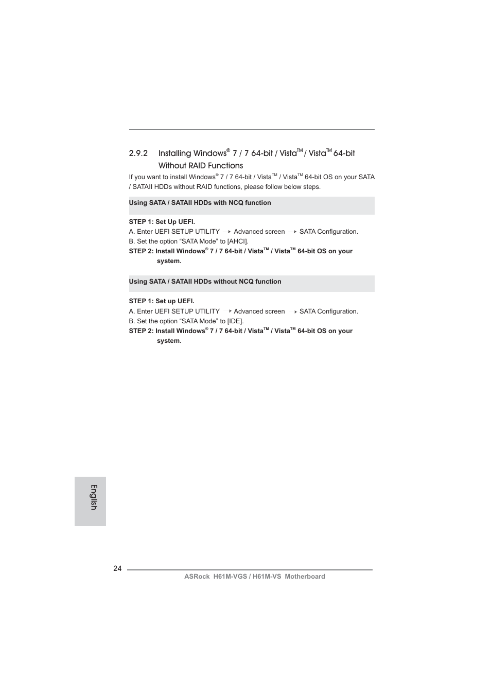 English 2.9.2 installing windows, 7 / 7 64-bit / vista, Vista | Bit without raid functions | ASRock H61M-VS User Manual | Page 24 / 144