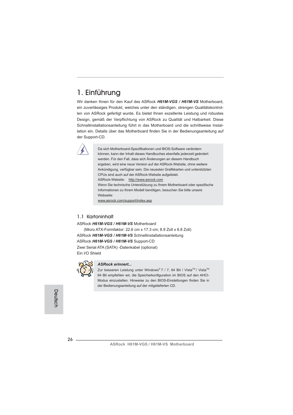 German, Einführung, 1 kartoninhalt | Deutsch | ASRock H61M-VS User Manual | Page 26 / 144