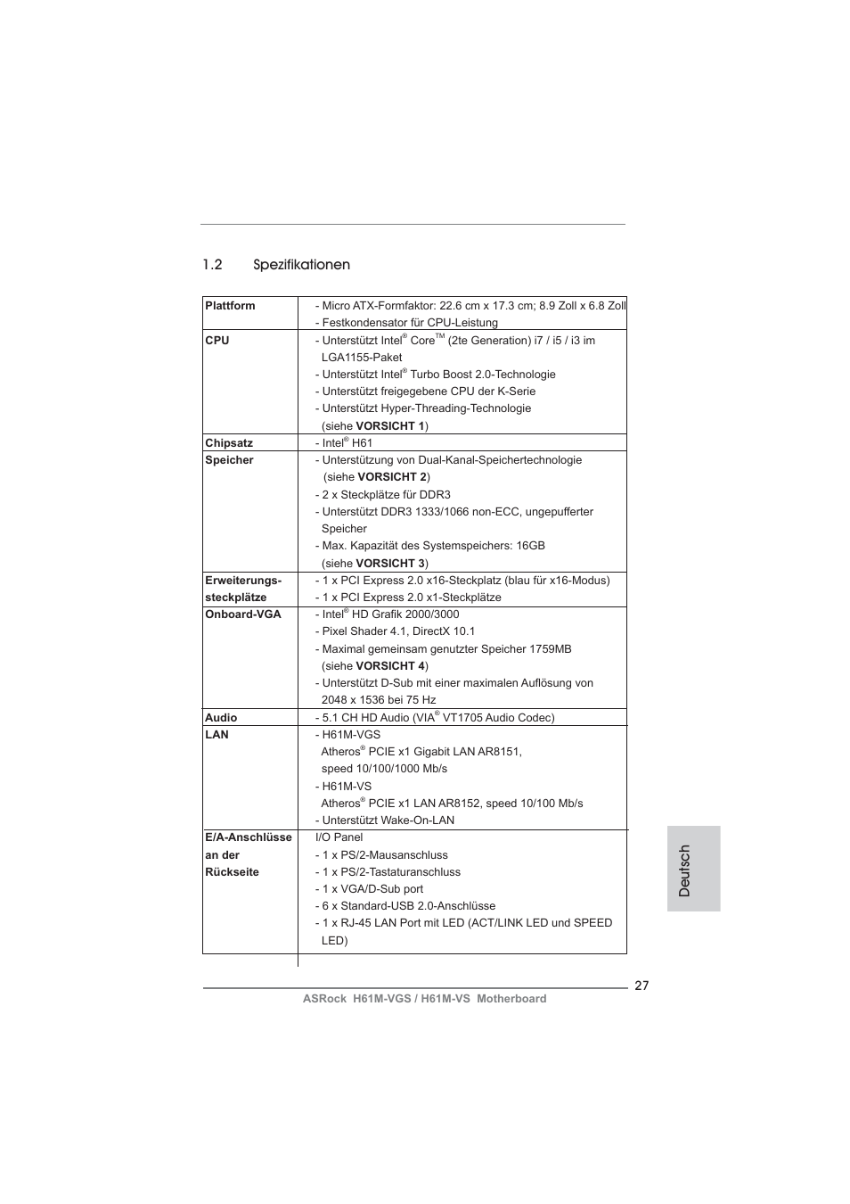 Deutsch 1.2 spezifikationen | ASRock H61M-VS User Manual | Page 27 / 144