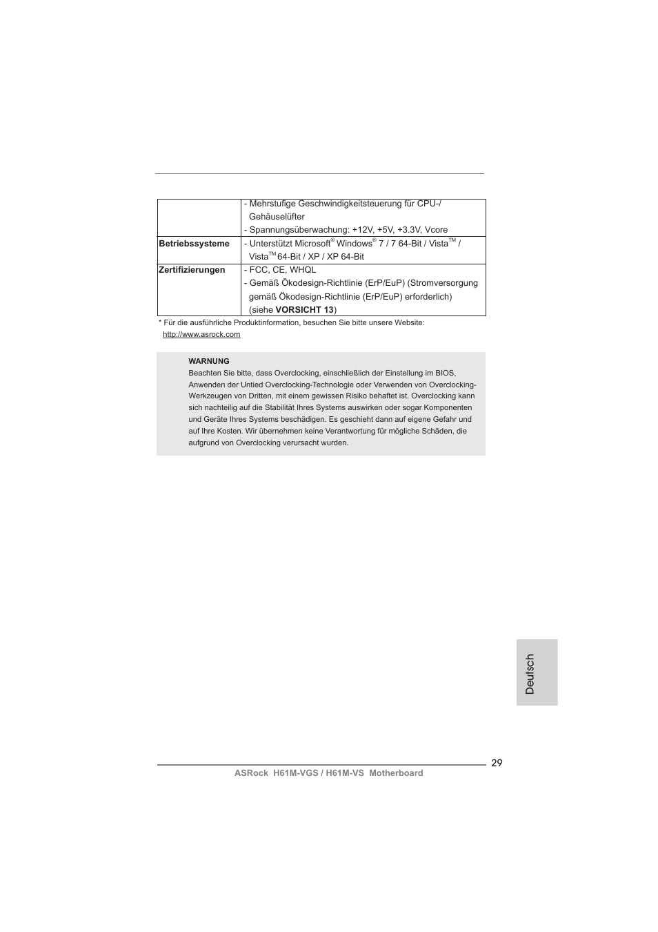 Deutsch | ASRock H61M-VS User Manual | Page 29 / 144