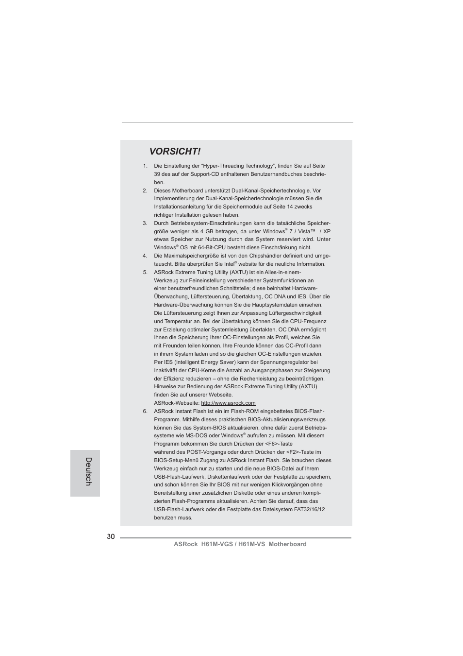 Vorsicht, Deutsch | ASRock H61M-VS User Manual | Page 30 / 144