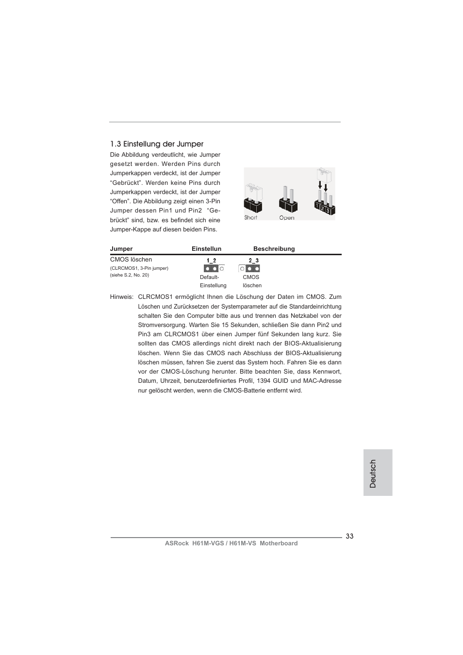 Deutsch 1.3 einstellung der jumper | ASRock H61M-VS User Manual | Page 33 / 144