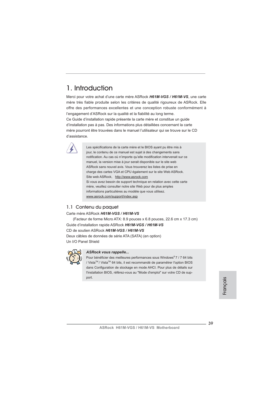 French, Introduction, 1 contenu du paquet | Français | ASRock H61M-VS User Manual | Page 39 / 144