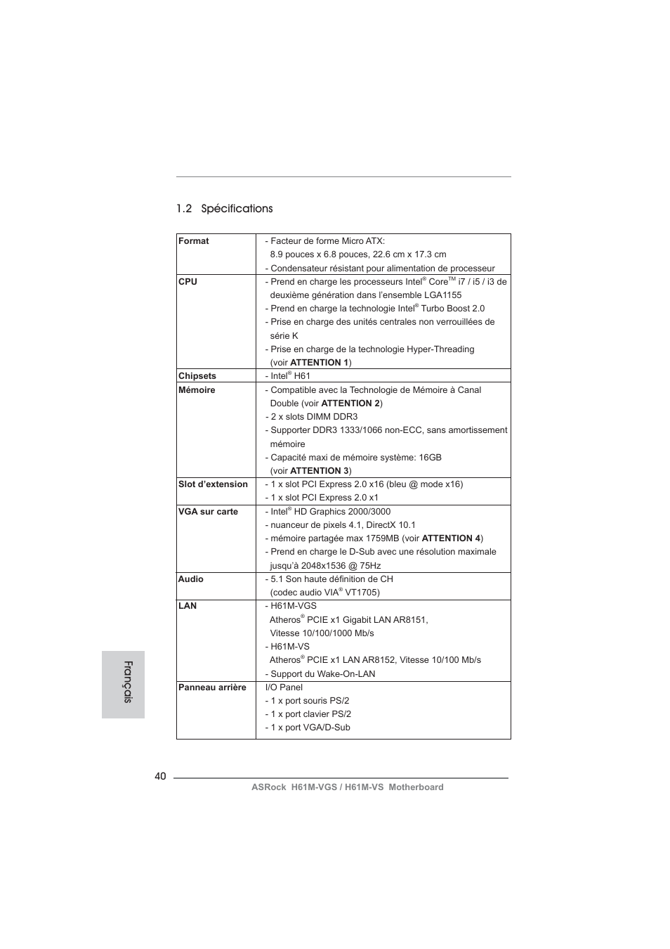 2 spécifications, Français | ASRock H61M-VS User Manual | Page 40 / 144