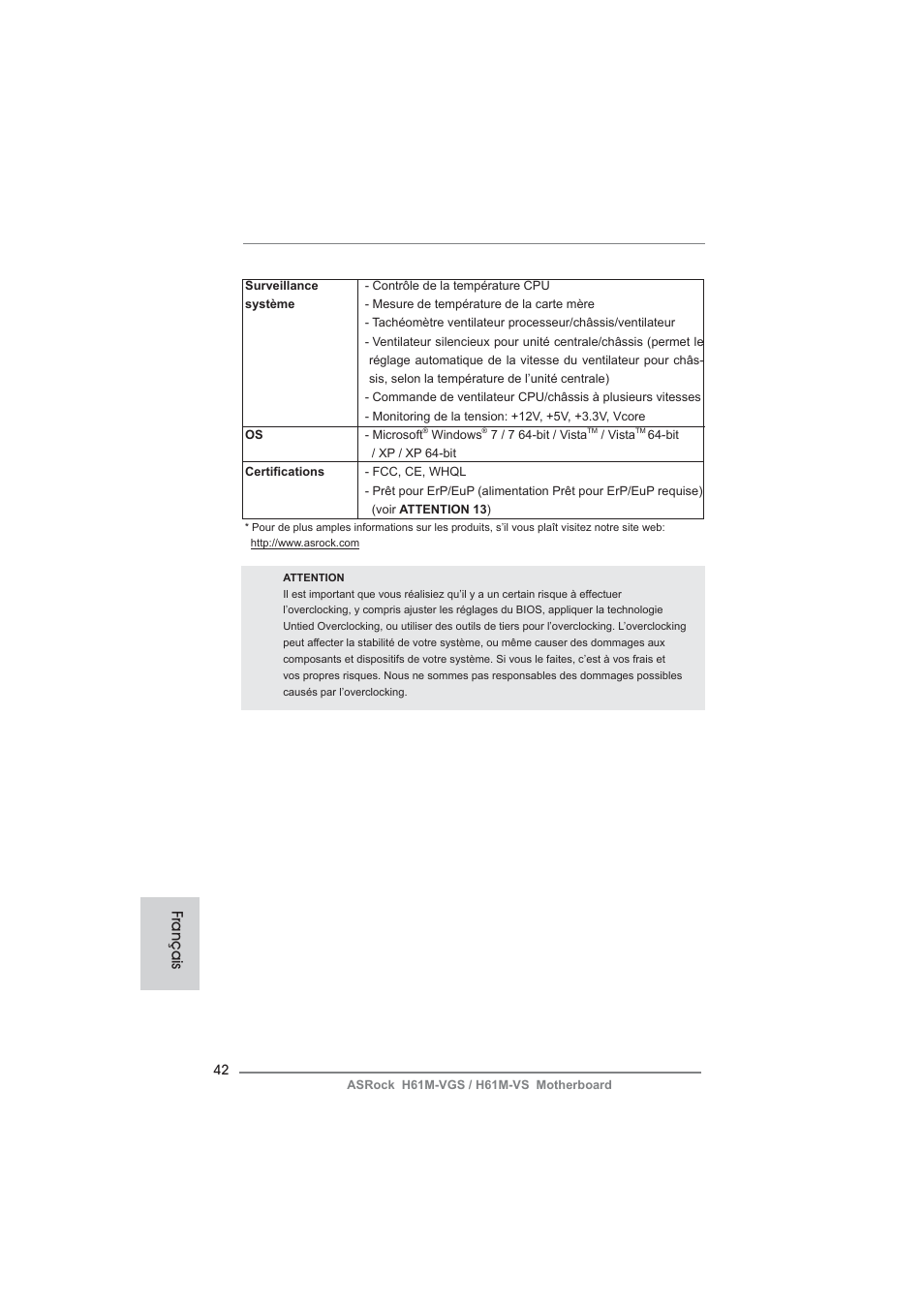 Français | ASRock H61M-VS User Manual | Page 42 / 144