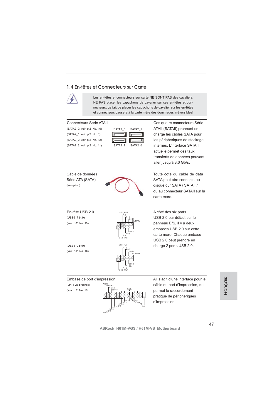 Français 1.4 en-têtes et connecteurs sur carte | ASRock H61M-VS User Manual | Page 47 / 144