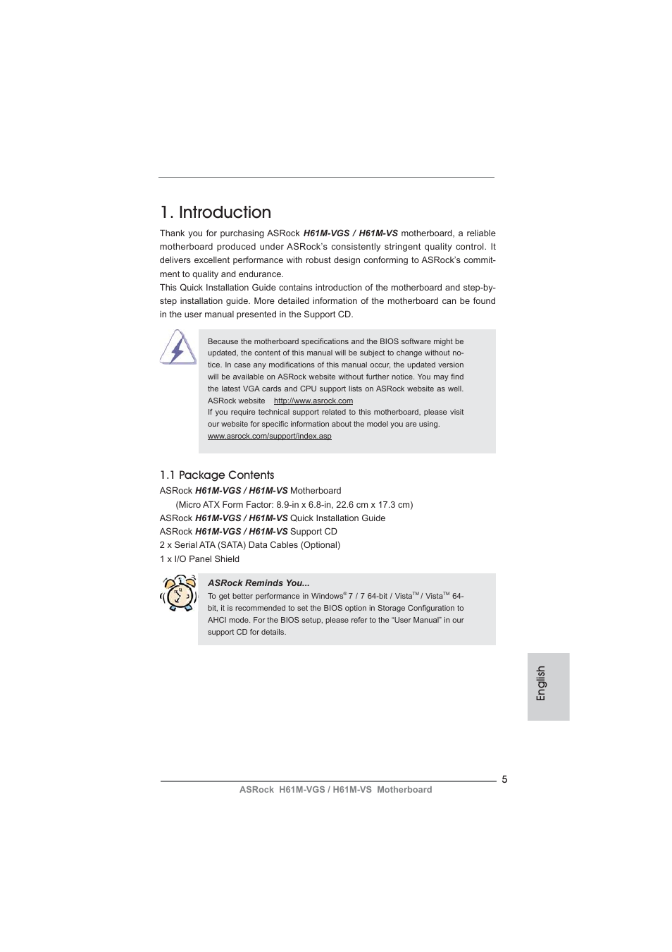 Introduction, English, 1 package contents | ASRock H61M-VS User Manual | Page 5 / 144