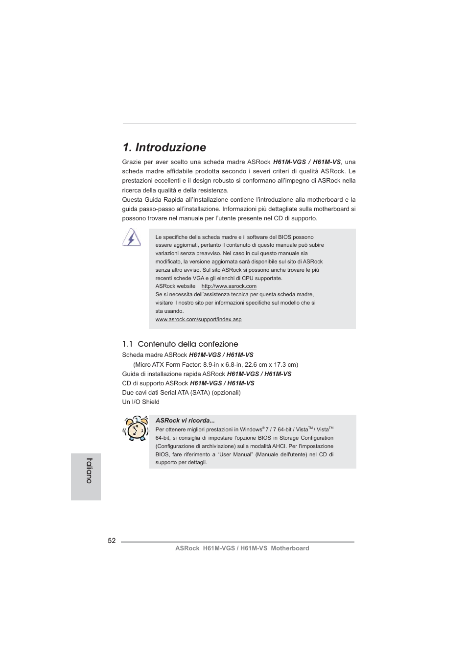 Italian, Introduzione, 1 contenuto della confezione | Italiano | ASRock H61M-VS User Manual | Page 52 / 144