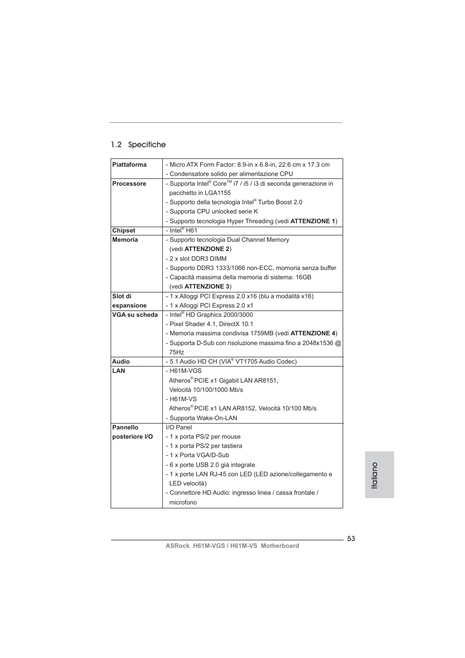 Italiano 1.2 specifiche | ASRock H61M-VS User Manual | Page 53 / 144