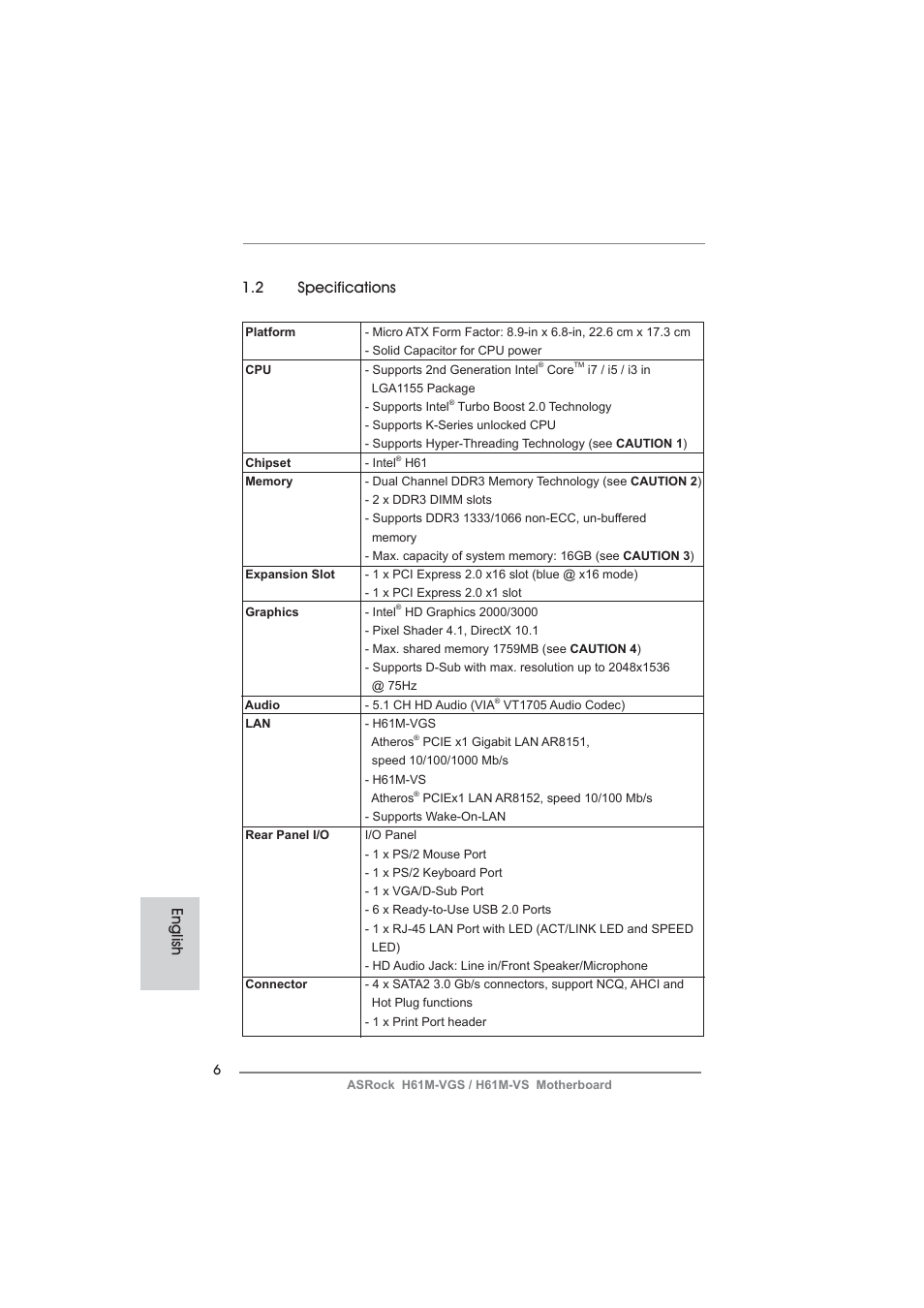 English 1.2 specifications | ASRock H61M-VS User Manual | Page 6 / 144