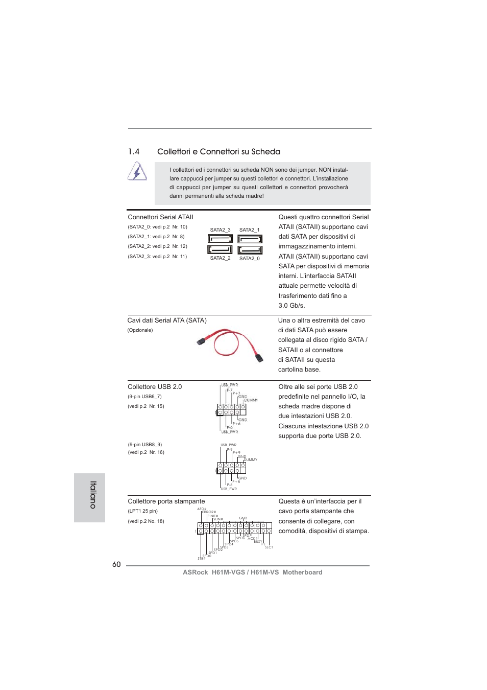 4 collettori e connettori su scheda, Italiano | ASRock H61M-VS User Manual | Page 60 / 144