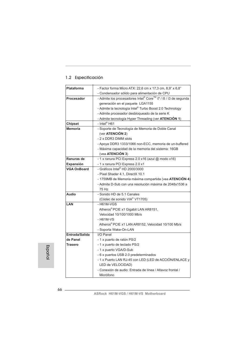 2 especificación, Español | ASRock H61M-VS User Manual | Page 66 / 144