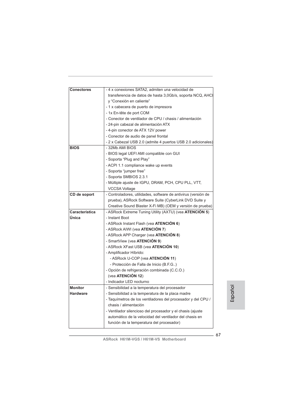 Español | ASRock H61M-VS User Manual | Page 67 / 144