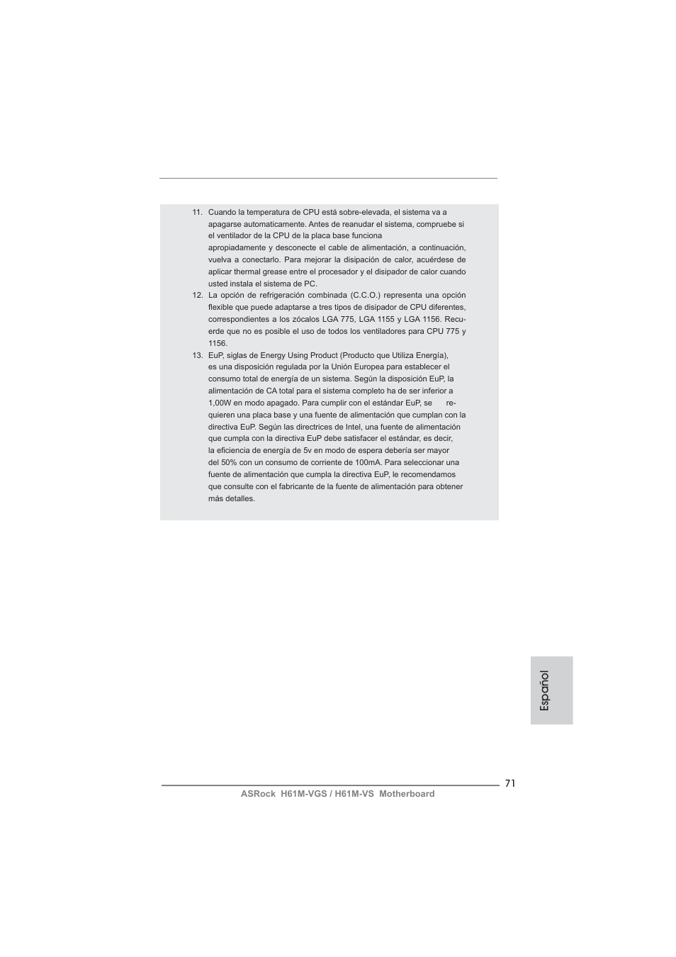 Español | ASRock H61M-VS User Manual | Page 71 / 144