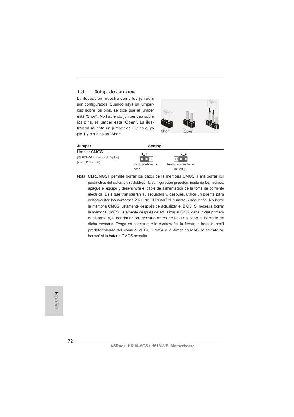 3 setup de jumpers, Español | ASRock H61M-VS User Manual | Page 72 / 144