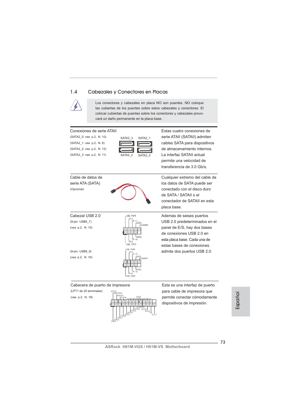 Español 1.4 cabezales y conectores en placas | ASRock H61M-VS User Manual | Page 73 / 144