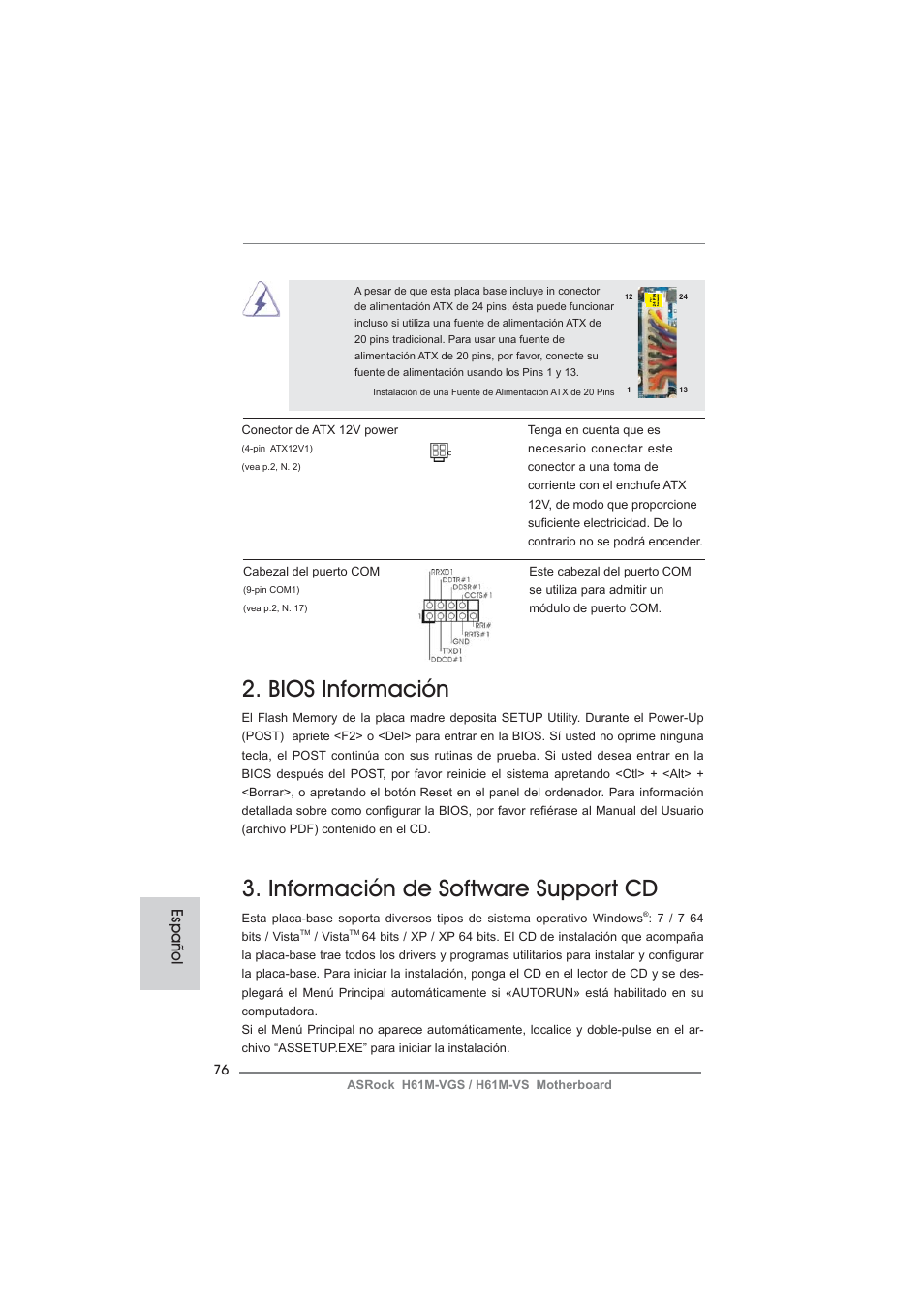 Bios información, Información de software support cd, Español | ASRock H61M-VS User Manual | Page 76 / 144
