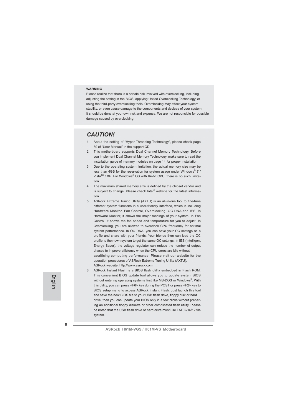 Caution, English | ASRock H61M-VS User Manual | Page 8 / 144