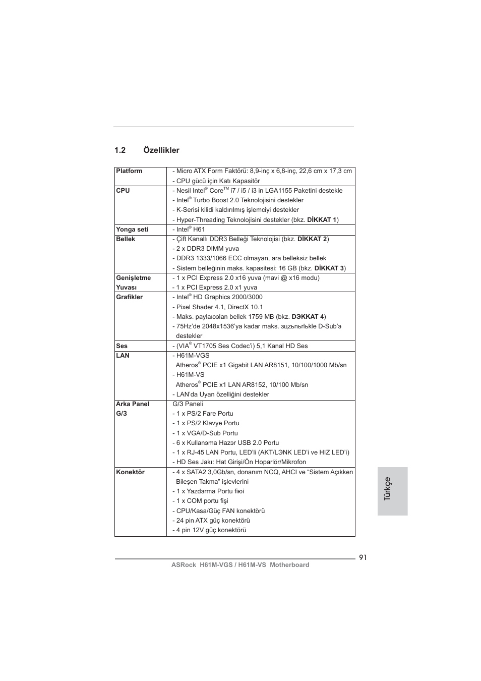 Türkçe 1.2 özellikler | ASRock H61M-VS User Manual | Page 91 / 144