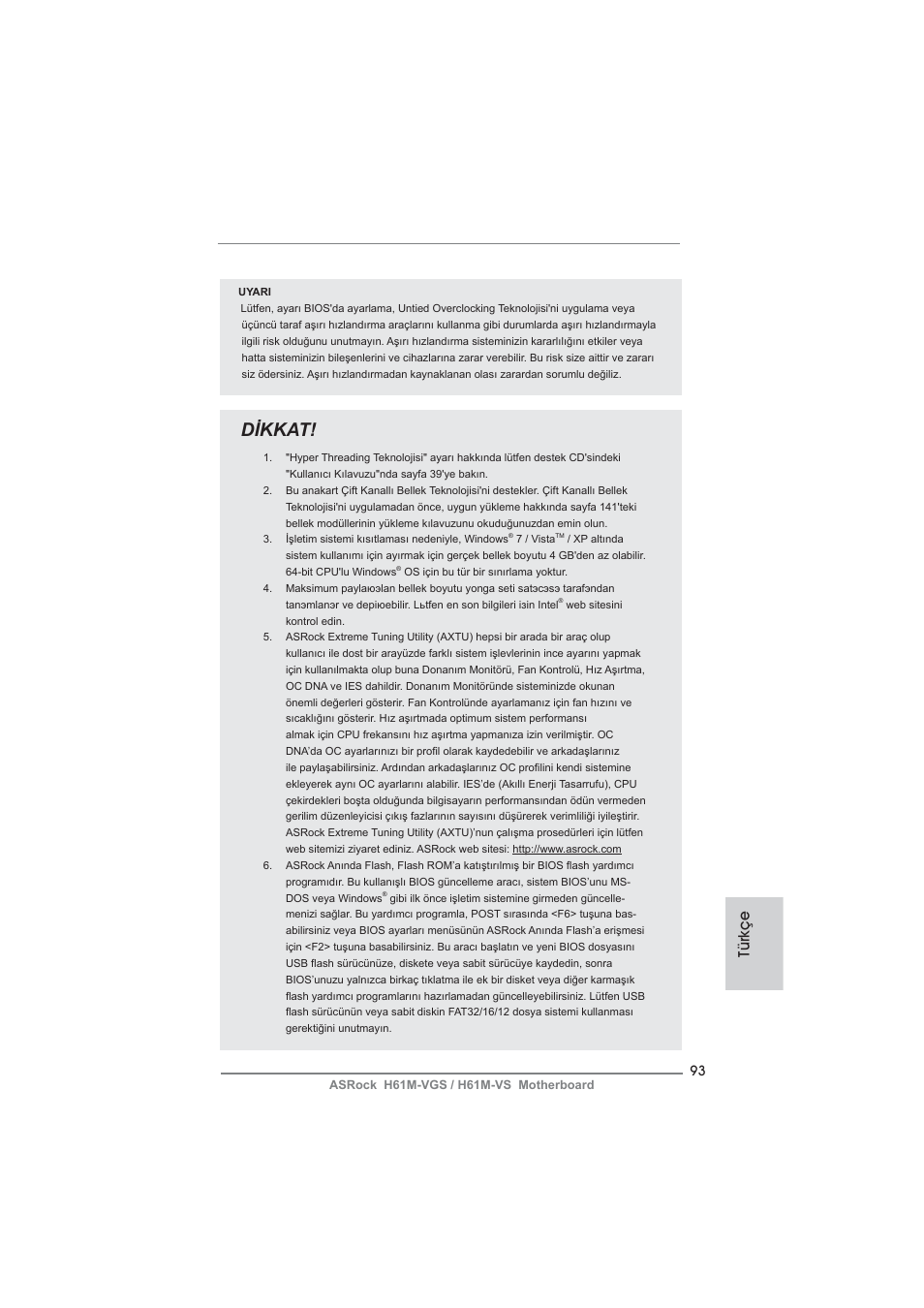 Dikkat, Türkçe | ASRock H61M-VS User Manual | Page 93 / 144