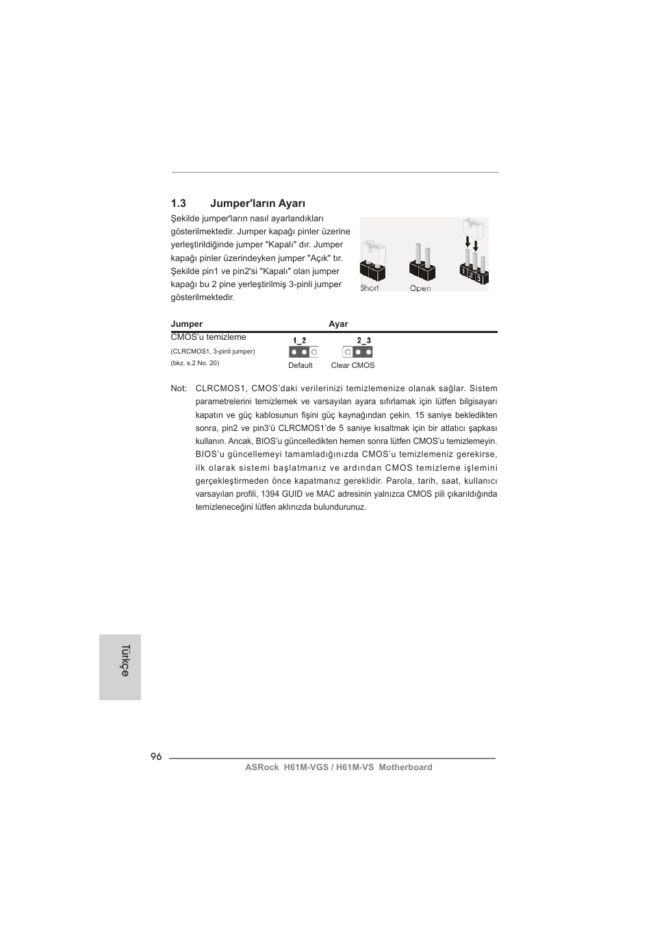 3 jumper'ların ayarı, Türkçe | ASRock H61M-VS User Manual | Page 96 / 144