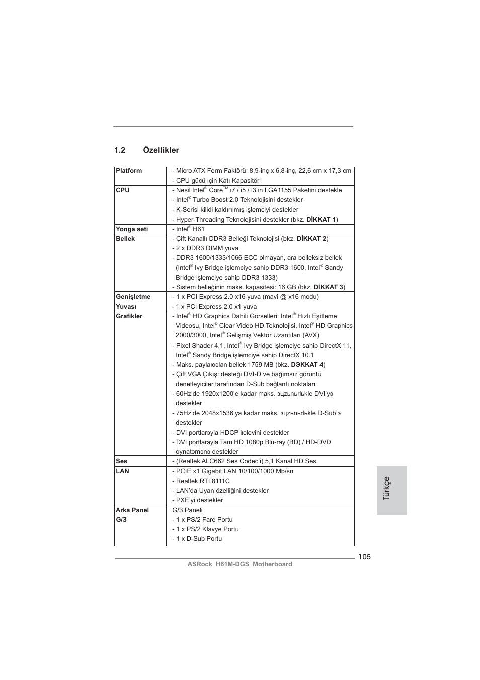 Türkçe 1.2 özellikler | ASRock H61M-DGS User Manual | Page 105 / 165