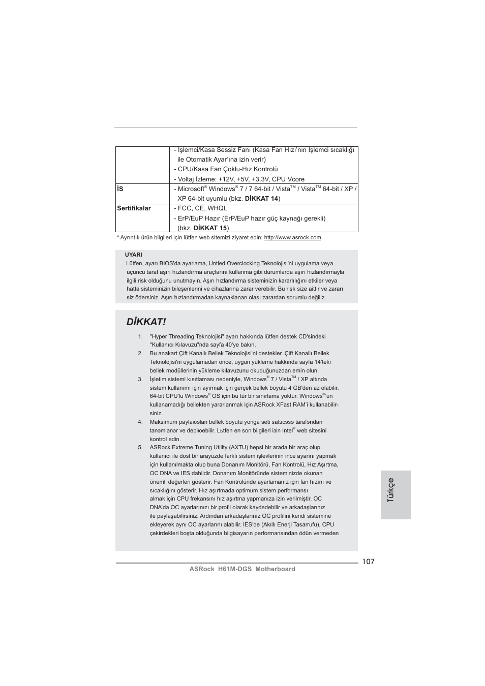 Dikkat, Türkçe | ASRock H61M-DGS User Manual | Page 107 / 165