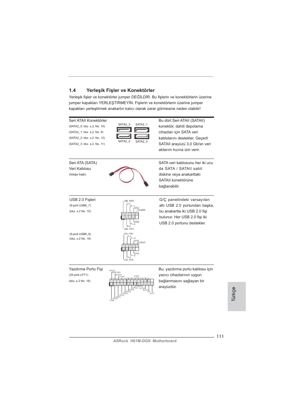 Türkçe 1.4 yerleşik fişler ve konektörler | ASRock H61M-DGS User Manual | Page 111 / 165