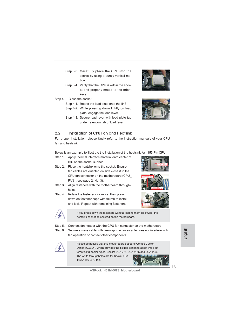 English, 2 installation of cpu fan and heatsink | ASRock H61M-DGS User Manual | Page 13 / 165